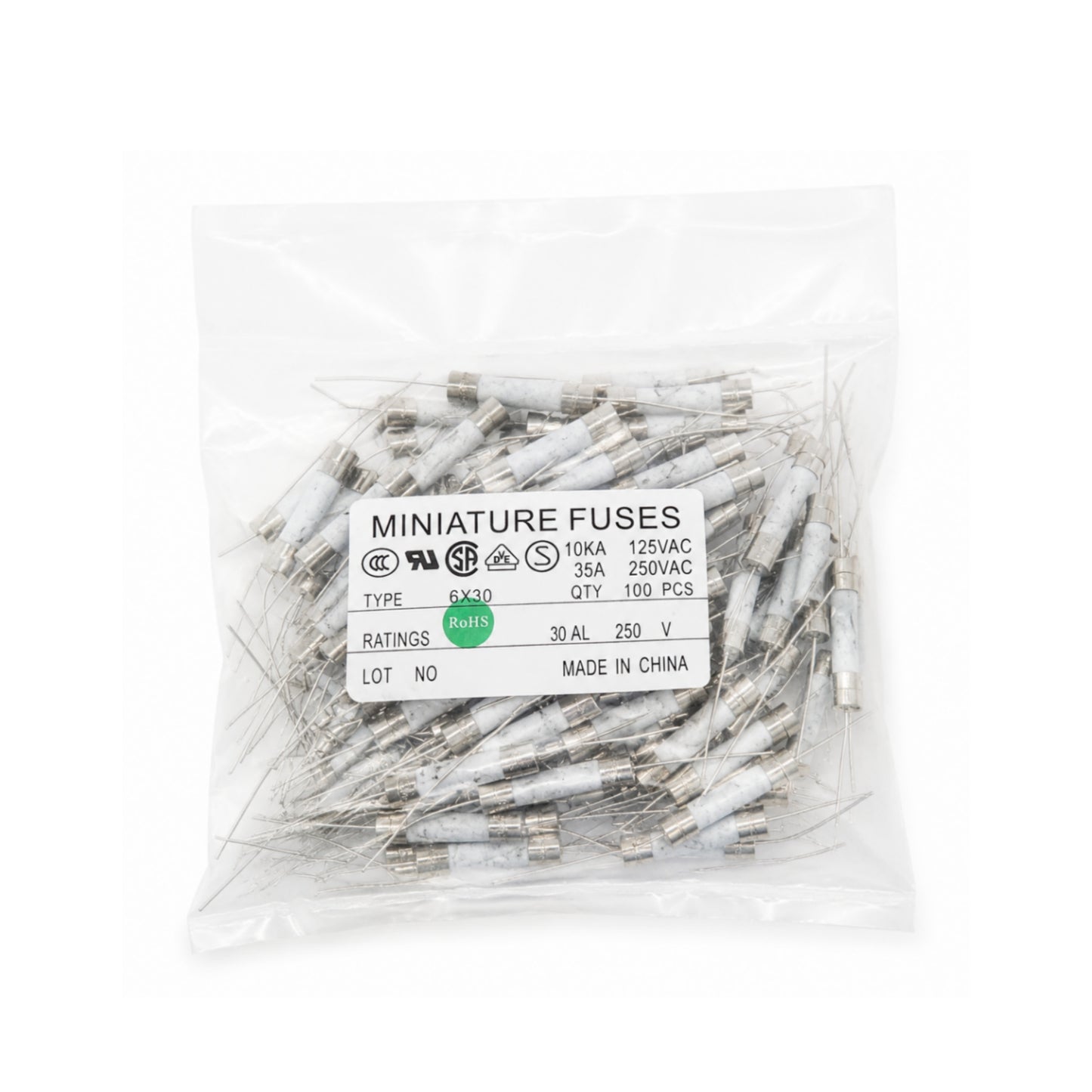 6x30mm Keramik Sicherung mit Anschlussdrähten 10A 12A 15A 20A 25A 30A
